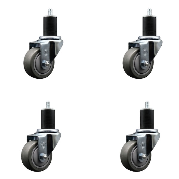 3'' SS Gray Poly Wheel Swivel 1-3/4'' Expanding Stem Caster Set, 4PK
